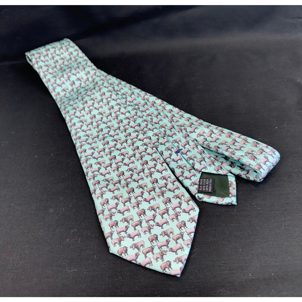 Ringneck & Lure Grazing Sheep Mint Green Preppy 100% Silk Tie